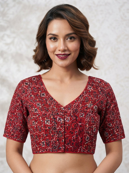 Divine Desire Ajrakh Printed Kantha Embroidered Cotton Blouse