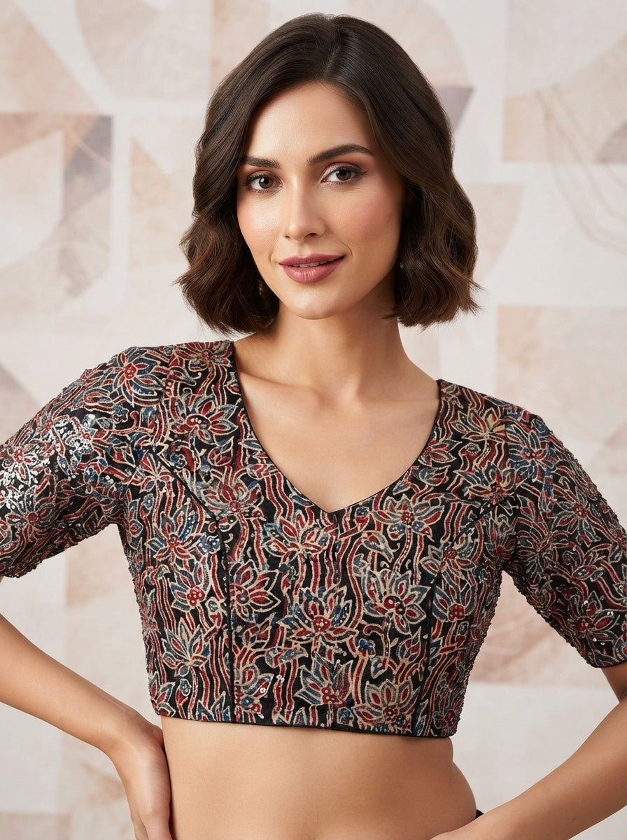 Divine Desire Ajrakh Printed Kantha Embroidered Cotton Blouse
