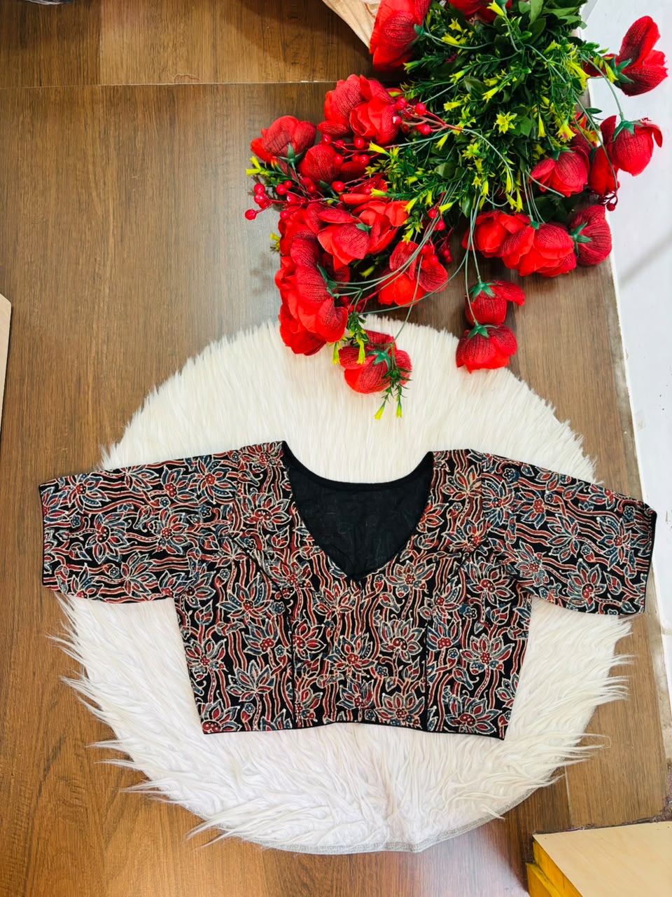 Divine Desire Ajrakh Printed Kantha Embroidered Cotton Blouse