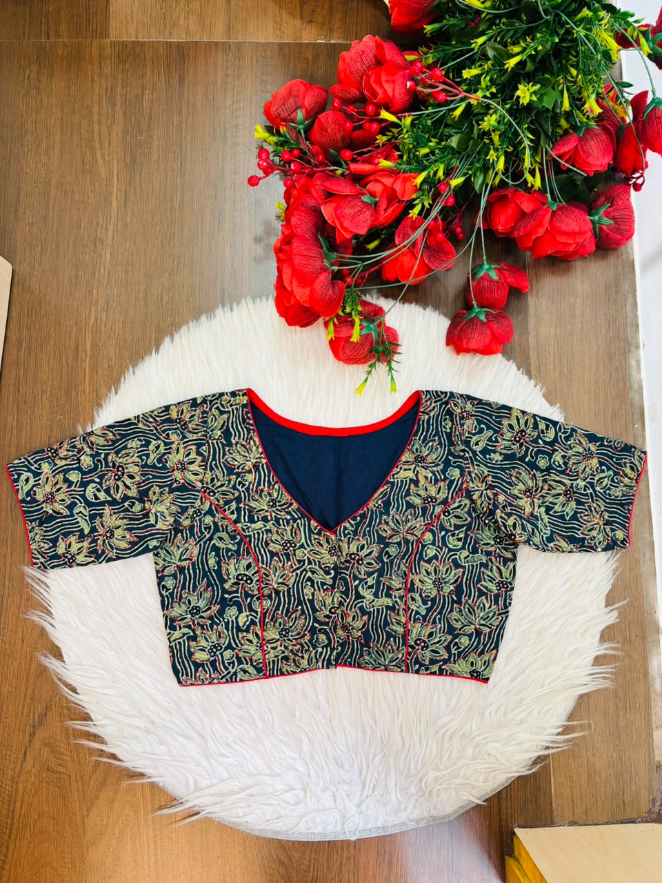 Divine Desire Ajrakh Printed Kantha Embroidered Cotton Blouse