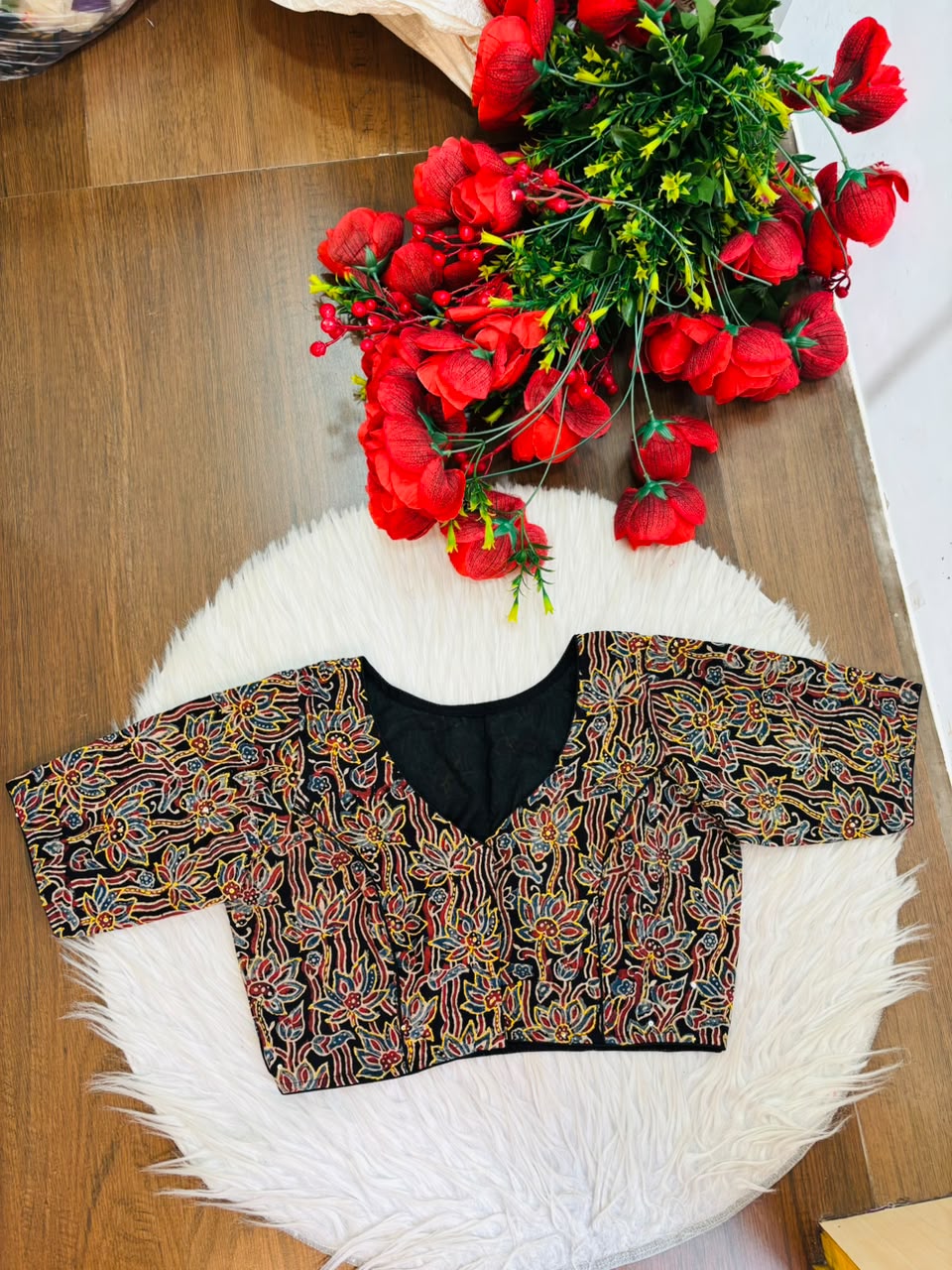Divine Desire Ajrakh Printed Kantha Embroidered Cotton Blouse