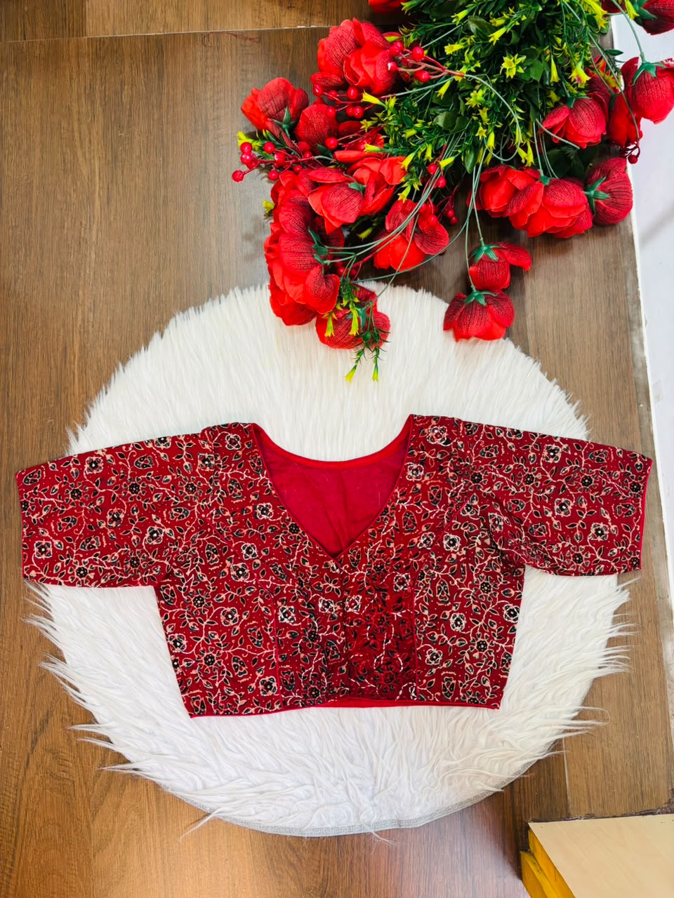 Divine Desire Ajrakh Printed Kantha Embroidered Cotton Blouse