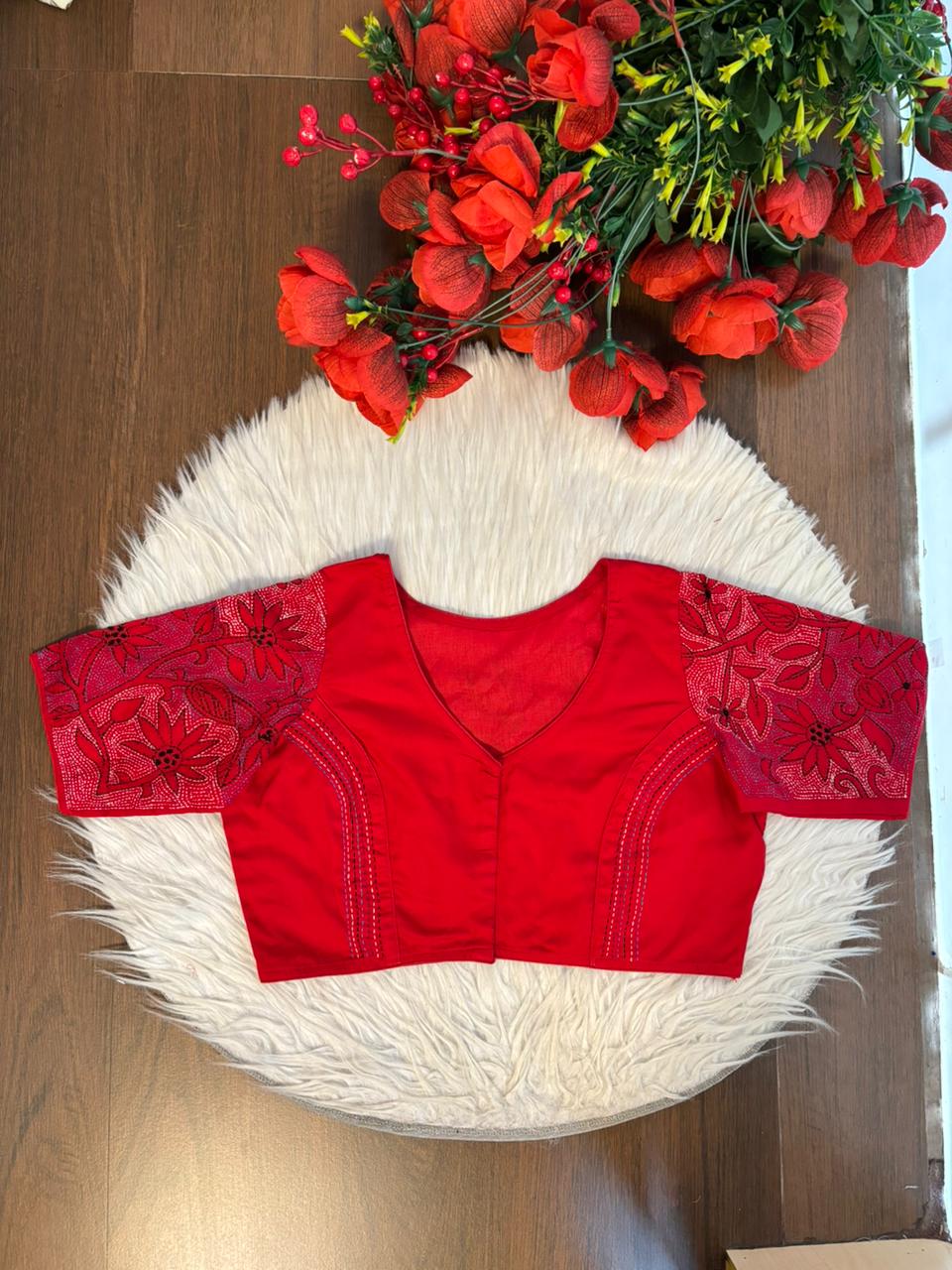 Red Reverse Kantha Handwork Blouse