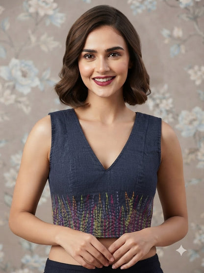 Sizzling Glam Denim Embroidered Blouse With Chain